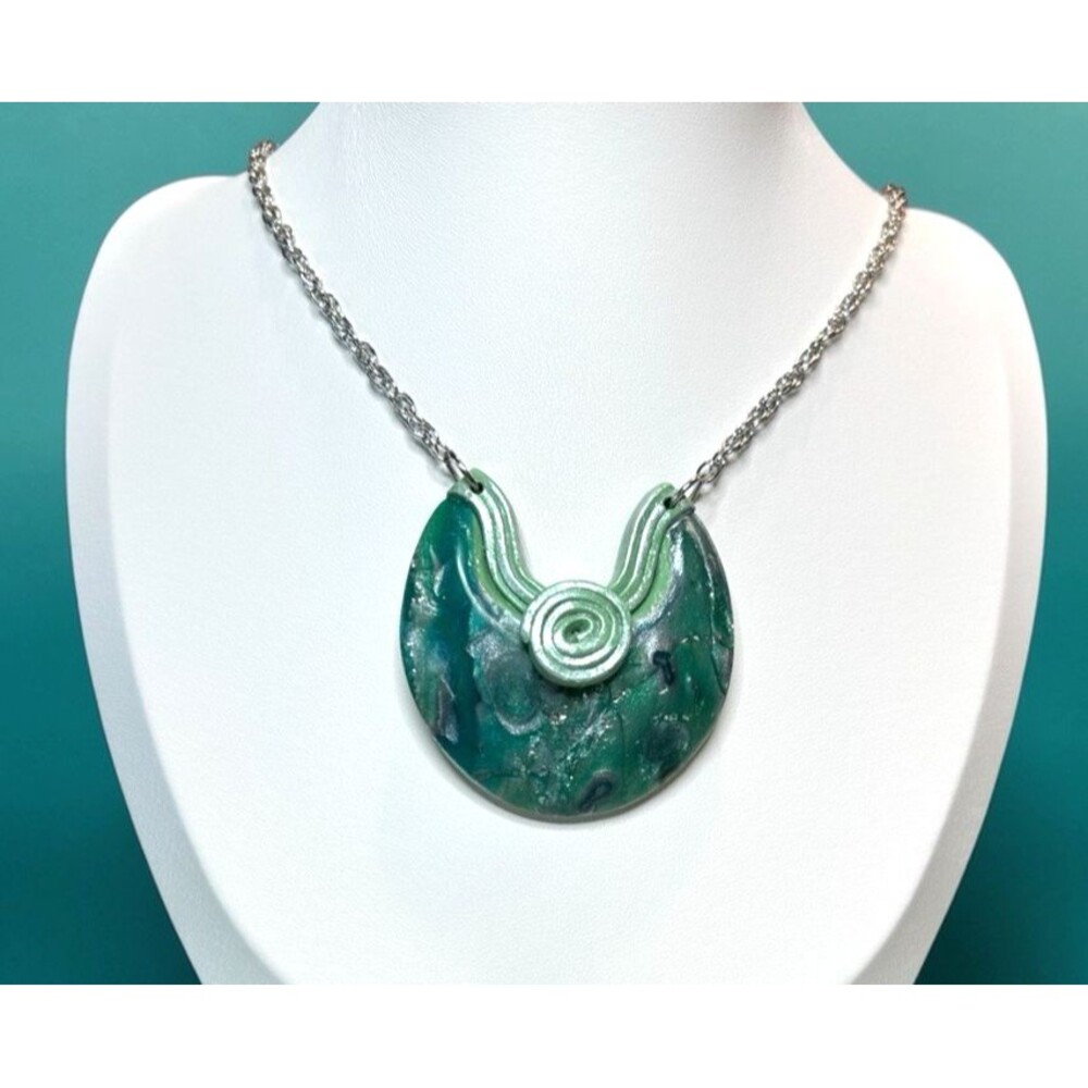 Handmade Green & Blue Large Polymer Clay Pendant Necklace on 18" SS Cable Chain - Picture 3 of 8